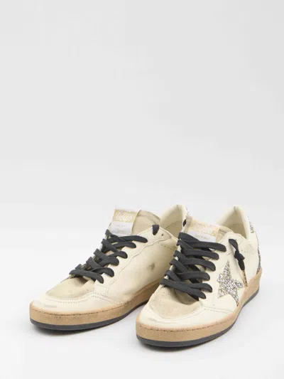 Golden Goose Ball Star Sneakers In Vintage Effect Leather And Suede With Glittered Star And Heel Tab In White
