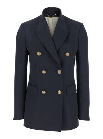 Golden Goose Blue Double-breasted Jacket With Peak Revers And Logo Plaque Detail In On The Rear In Wool Blend Wom In Blue