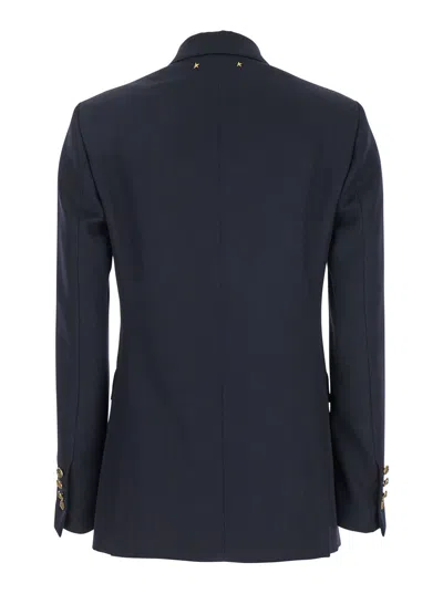 Golden Goose Blue Double-breasted Jacket With Peak Revers And Logo Plaque Detail In On The Rear In Wool Blend Wom In Blue
