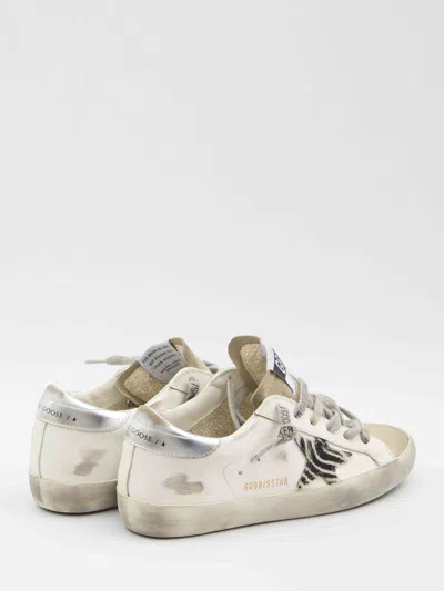 Golden Goose Superstar White Low Top Sneakers With Glittered Star Patch And Laminated Heel With Logo Lettering In