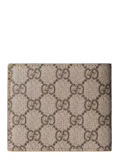 Gucci Men Beige Bi-fold Wallet With Double G Logo Plaque On The Front In Gg Canvas Man In Brown