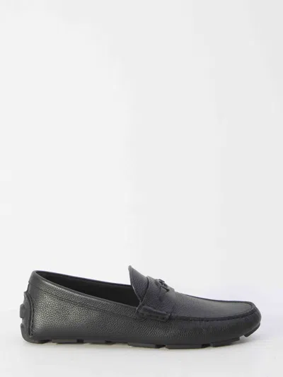 Gucci Pebbled Leather Driver Moccasins With Visible Stitching In Gray