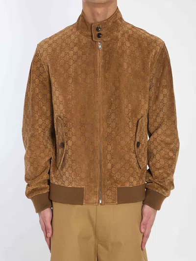 Gucci Brown Jacket With All-over Embossed Gg Motif And Collar With Buttons In Suede Man In Brown