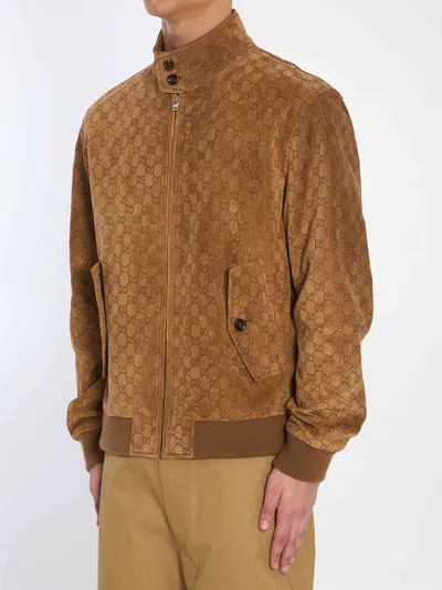 Gucci Brown Jacket With All-over Embossed Gg Motif And Collar With Buttons In Suede Man In Brown