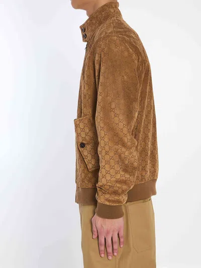 Gucci Brown Jacket With All-over Embossed Gg Motif And Collar With Buttons In Suede Man In Brown