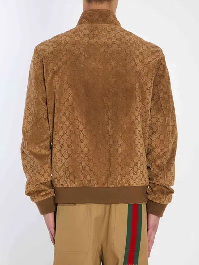Gucci Brown Jacket With All-over Embossed Gg Motif And Collar With Buttons In Suede Man In Brown