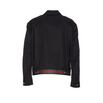 Gucci Black Jacket With Classic Collar And Web Motif On The Waist In Cotton Man In Black
