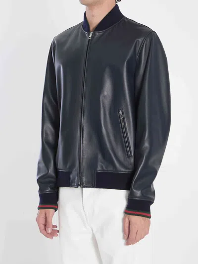 Gucci Black Bomber Jacket With Front Logo In Nappa Leather And Mesh Man