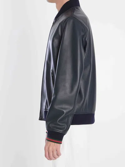 Gucci Black Bomber Jacket With Front Logo In Nappa Leather And Mesh Man