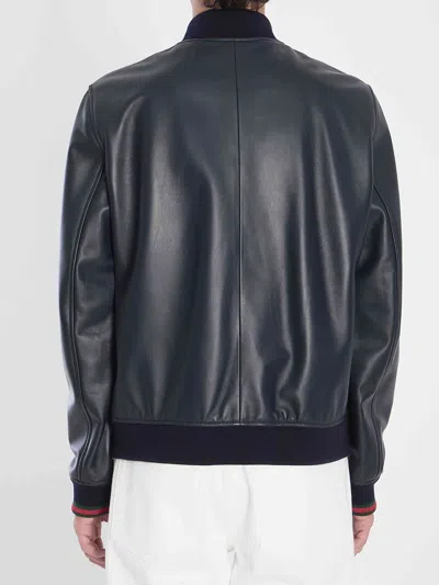 Gucci Black Bomber Jacket With Front Logo In Nappa Leather And Mesh Man