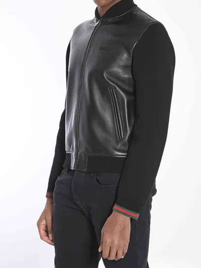 Gucci Black Bomber Jacket With Front Logo In Nappa Leather And Mesh Man In Black