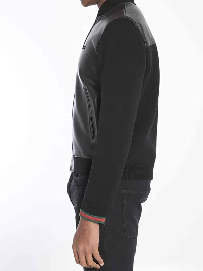 Gucci Black Bomber Jacket With Front Logo In Nappa Leather And Mesh Man In Black