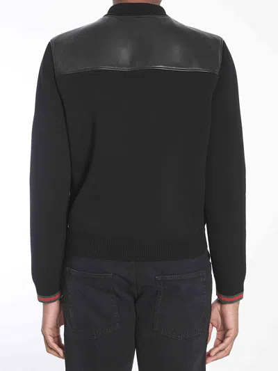 Gucci Black Bomber Jacket With Front Logo In Nappa Leather And Mesh Man In Black