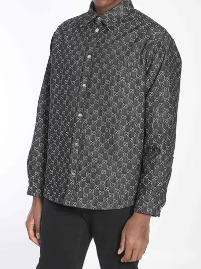 Gucci Men Grey Reversible Shirt With Gg Jacquard All-over Motif In Cotton Man In Multi
