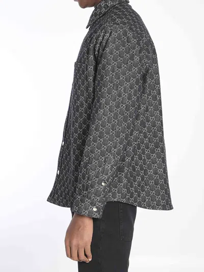 Gucci Men Grey Reversible Shirt With Gg Jacquard All-over Motif In Cotton Man In Multi