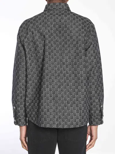 Gucci Men Grey Reversible Shirt With Gg Jacquard All-over Motif In Cotton Man In Multi