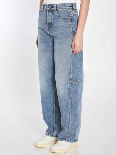 Gucci Blue Jeans With Logo Patch On The Rear And Wide Leg In Denim Woman In Blue