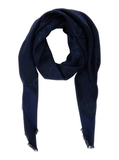 Gucci Women Blue Scarf With Gg All-over Motif In Wool Woman