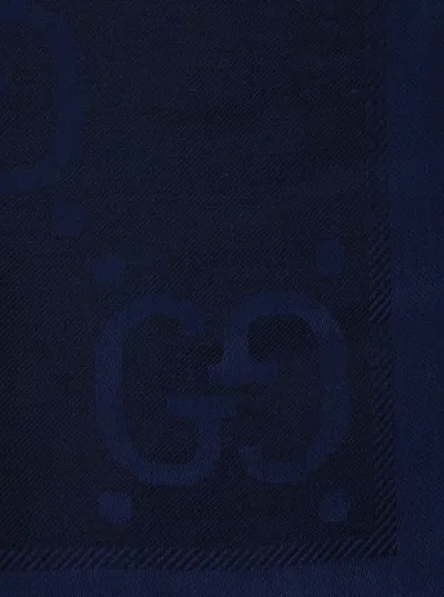 Gucci Women Blue Scarf With Gg All-over Motif In Wool Woman