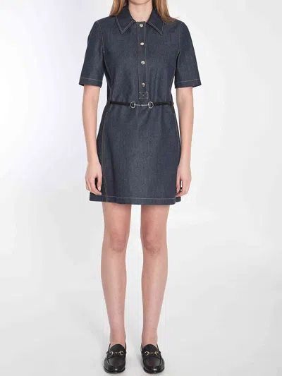 Gucci Women Denim Mini Dress With Horsebit
