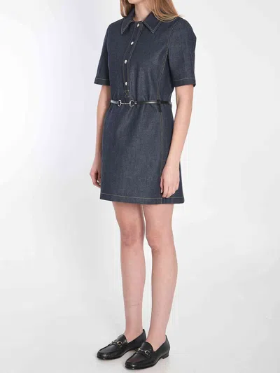 Gucci Women Denim Mini Dress With Horsebit
