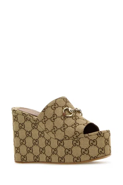 Gucci Gg Monogram Wedge Sandals With Clamp
