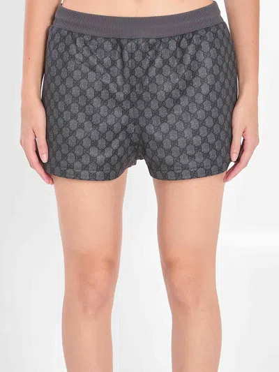 Gucci Gg Print Jersey Shorts With Ribbed Trim In Gray