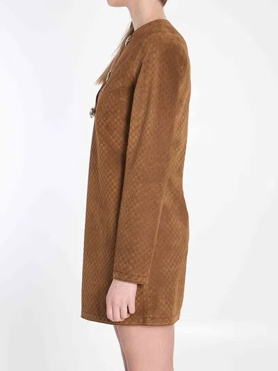 Gucci Brown Dress With Front Horsebit Details And All-over Gg Motif In Suede Woman In Brown