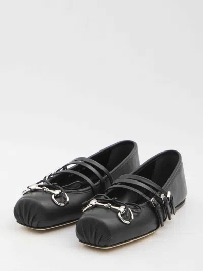 Gucci Leather Bow Detail Squared Toe Ballet Flats In Black