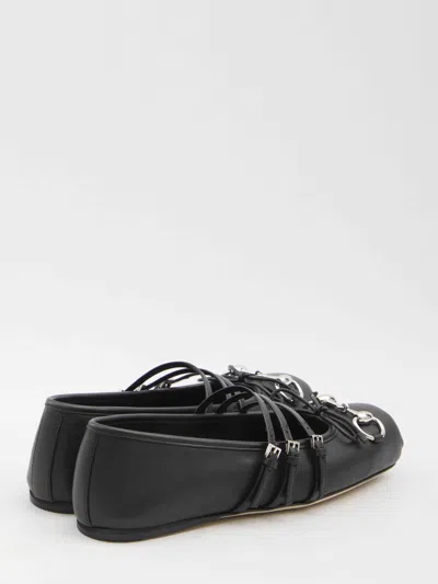 Gucci Leather Bow Detail Squared Toe Ballet Flats In Black