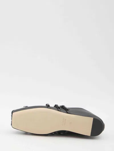 Gucci Leather Bow Detail Squared Toe Ballet Flats In Black