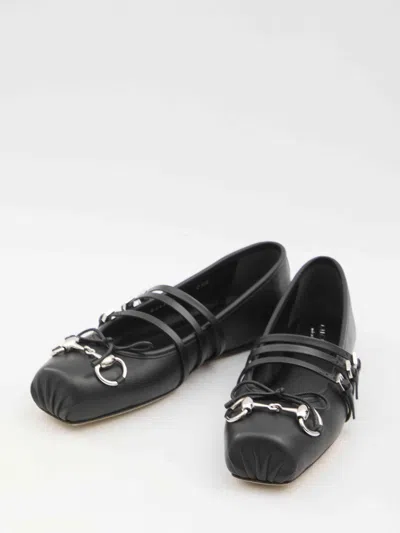 Gucci Leather Bow Detail Squared Toe Ballet Flats In Black