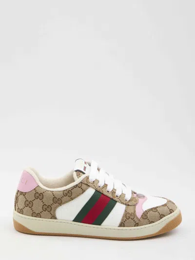Gucci Screener Trainer In Gg Fabric And Pink Leather