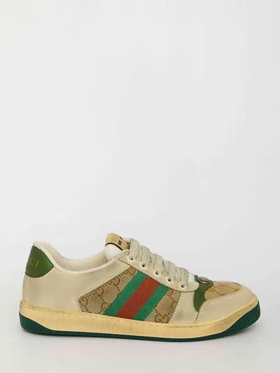 Gucci Screener Embellished Canvas-trimmed Distressed Leather Sneakers In Neutral