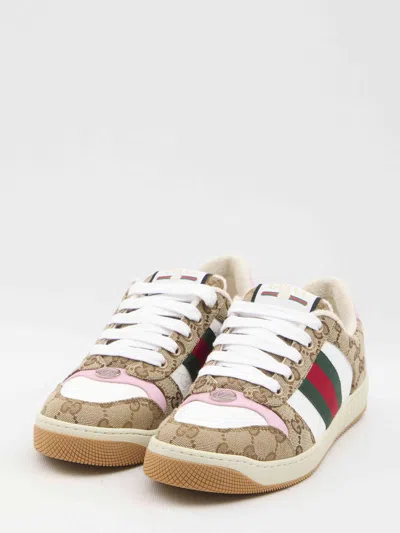 Gucci Screener Trainer In Gg Fabric And Pink Leather
