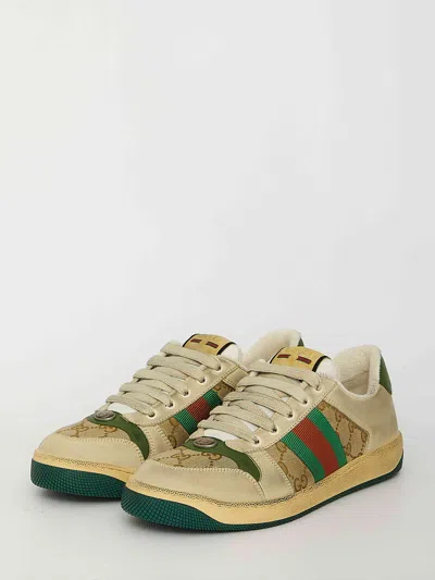 Gucci Screener Embellished Canvas-trimmed Distressed Leather Sneakers In Neutral