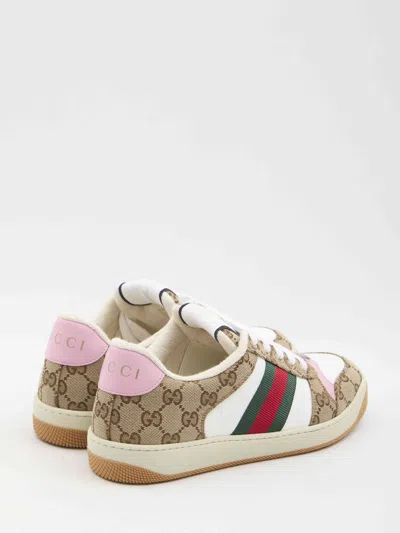 Gucci Screener Trainer In Gg Fabric And Pink Leather