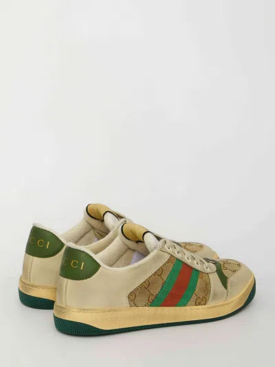 Gucci Screener Embellished Canvas-trimmed Distressed Leather Sneakers In Neutral
