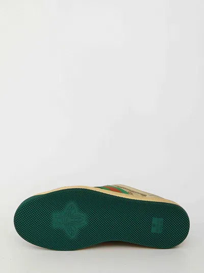 Gucci Screener Embellished Canvas-trimmed Distressed Leather Sneakers In Neutral