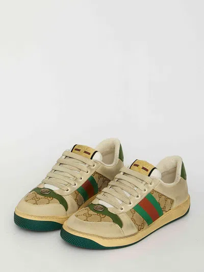 Gucci Screener Embellished Canvas-trimmed Distressed Leather Sneakers In Neutral
