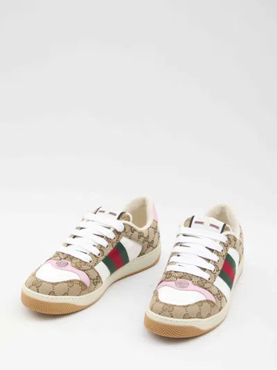 Gucci Screener Trainer In Gg Fabric And Pink Leather