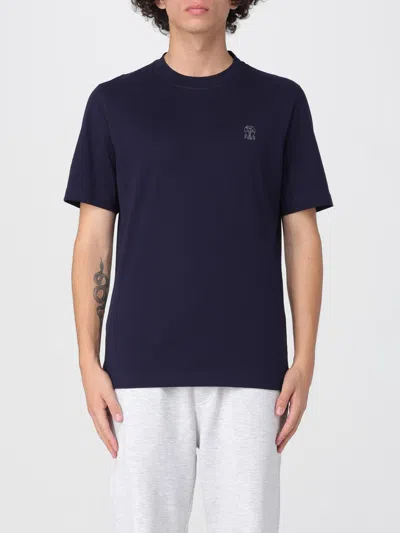 Brunello Cucinelli Men Logo Print T-shirt In Blue