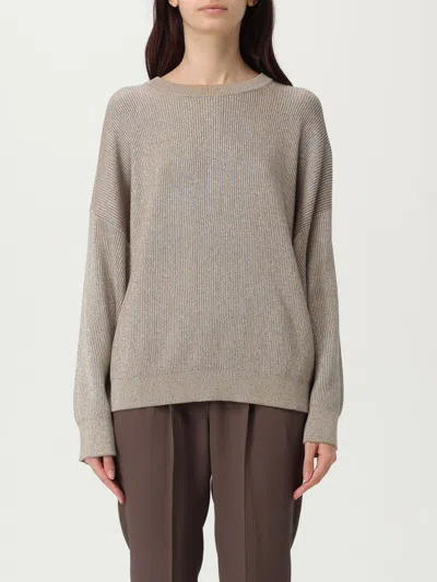 Brunello Cucinelli Ribbed Crewneck Cotton Sweater With Dropped Shoulders In Brown
