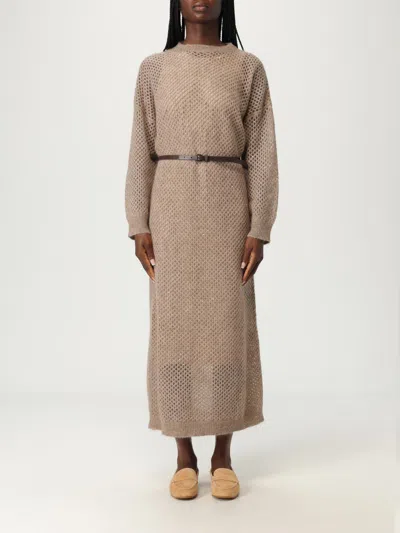 Brunello Cucinelli Hazelnut Color Midi Dress With Waist Belt