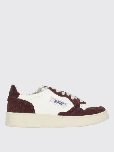 Autry Sneakers Medalist Low In Avory And Burgundy Glittered Leather. In Brown
