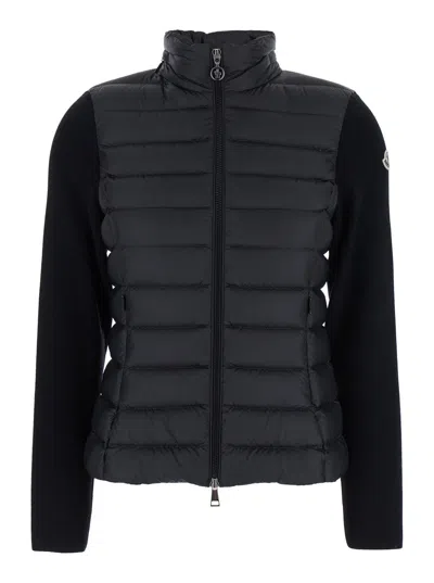 Moncler Women Black Down Filled Cardigan With High Neck And Logo Patch On The Sleeve In Tech Fabric  In Black