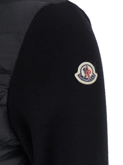 Moncler Women Black Down Filled Cardigan With High Neck And Logo Patch On The Sleeve In Tech Fabric  In Black