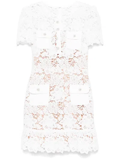Self-portrait White Mini Dress With Jewel Buttons With Crystals And All-over Floral Lace Embroidery In Tehc Fabric
