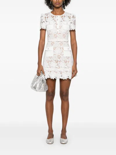 Self-portrait White Mini Dress With Jewel Buttons With Crystals And All-over Floral Lace Embroidery In Tehc Fabric