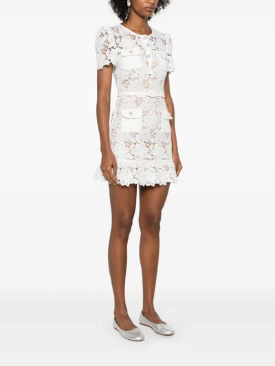 Self-portrait White Mini Dress With Jewel Buttons With Crystals And All-over Floral Lace Embroidery In Tehc Fabric